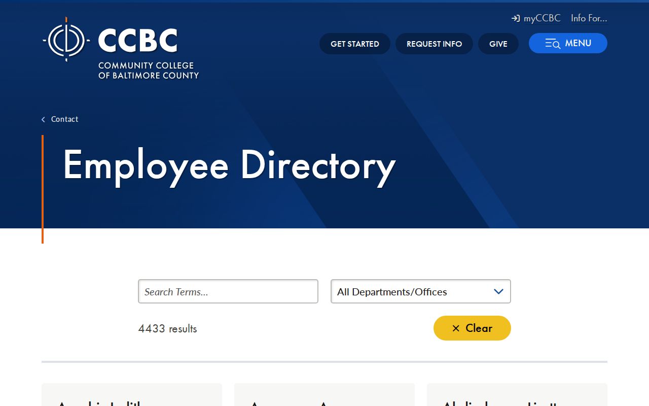 Baltimore County people directory for CCBC employees