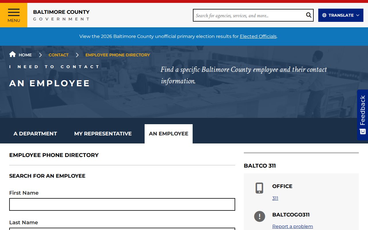 Baltimore County people directory for county employees