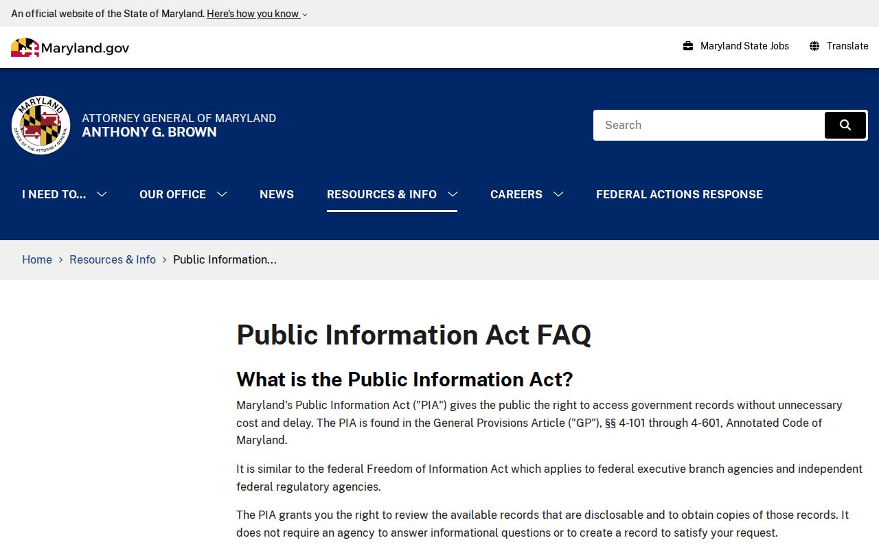 Baltimore County public records Maryland PIA information