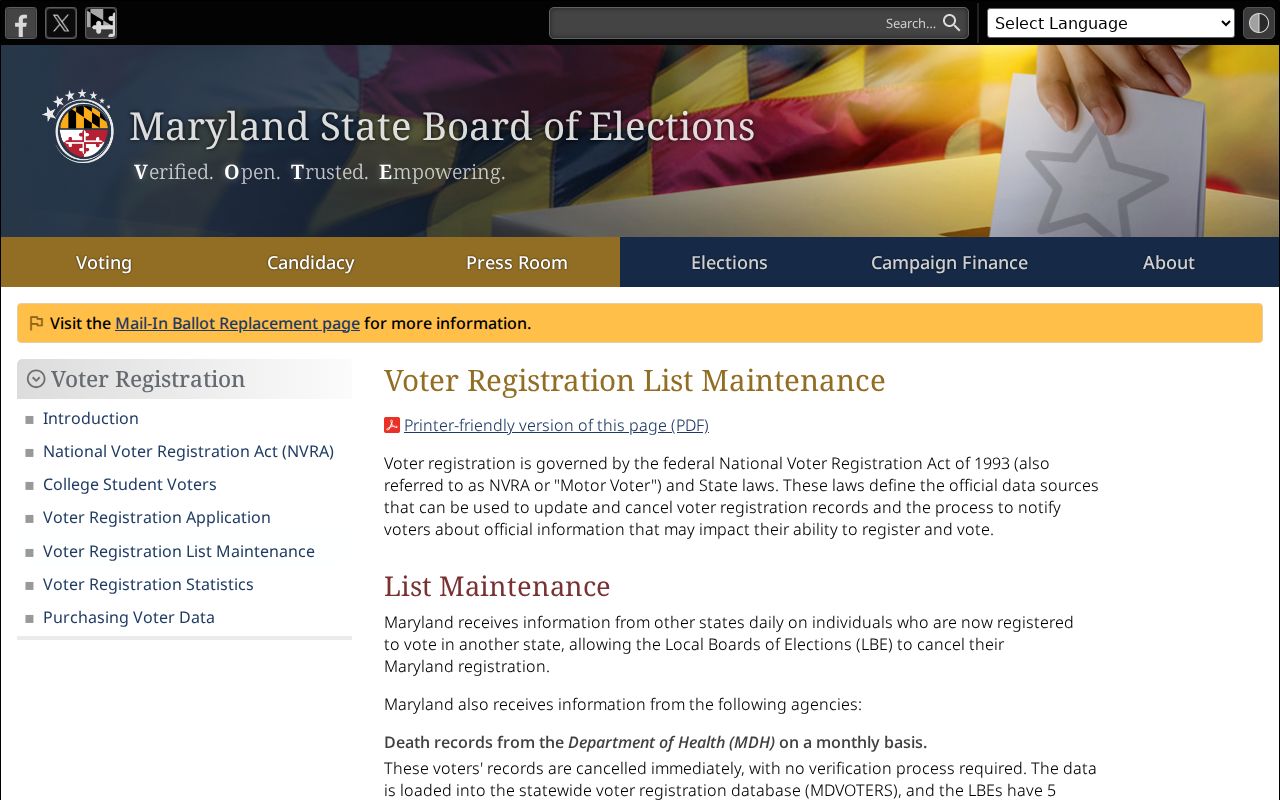 Baltimore County voter registration list maintenance procedures