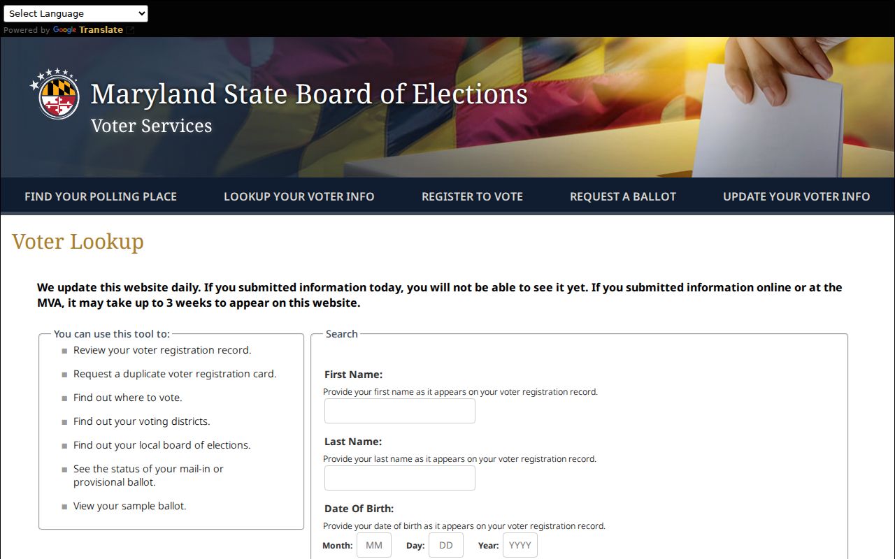 Baltimore County voter registration lookup fields